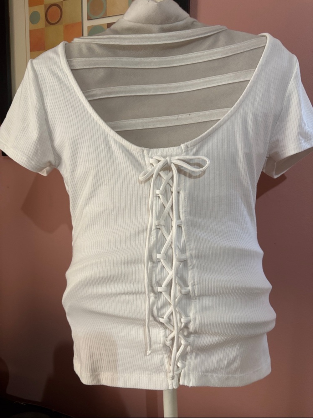 Lace-Up Short Sleeve Top in White by AERO Size Medium